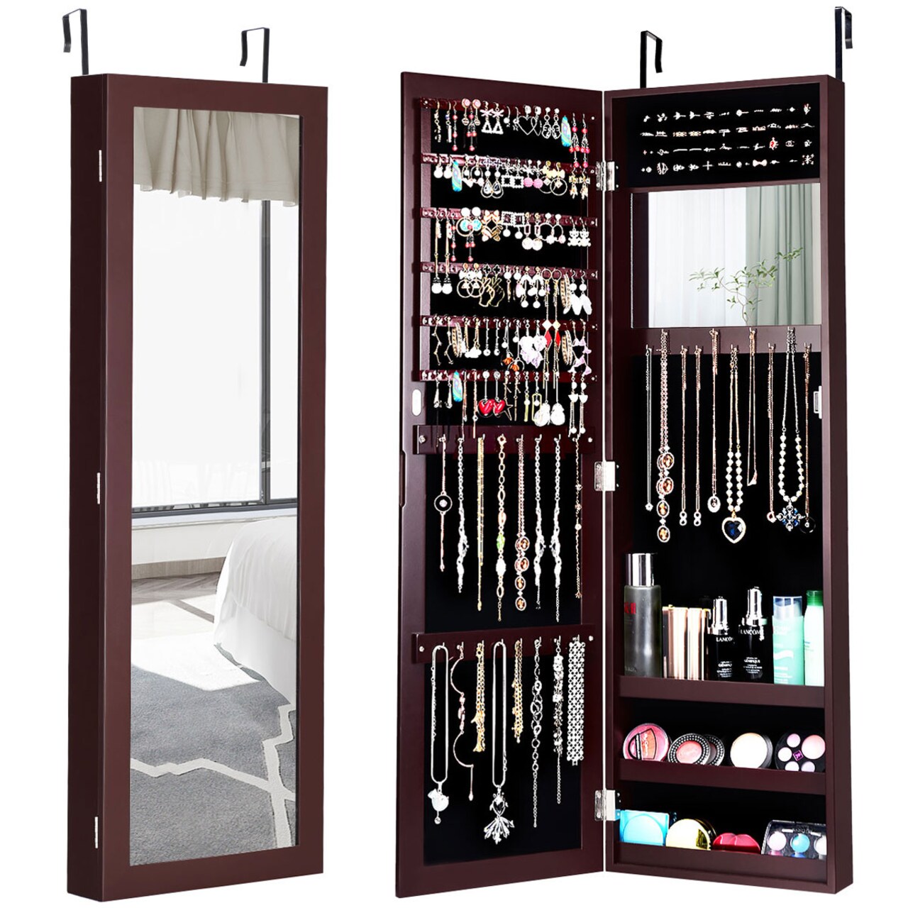 Costway Wall Door Mounted Mirrored Jewelry Cabinet Storage Organizer-Black/Brown/White